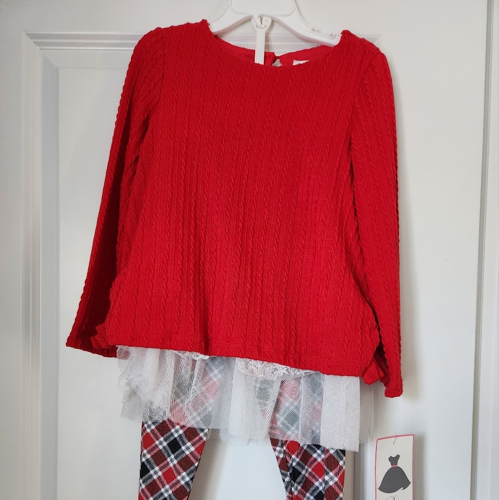 Red Cable Knit Sweater with Tulle and Plaid Leggings